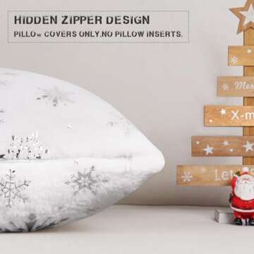 Christmas Pillow Covers 18 x 18 Inch, Set of 2 Silver Sparkle Chic Snowflake Throw Pillow Covers for Winter Holiday, Christmas Decorative Fluffy Plush Soft Cushion Cases for Sofa Couch Bench, White