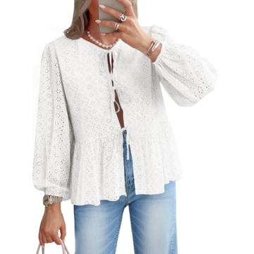 Elegant Tankaneo Women's Tie Front Lace Eyelet Peplum Blouse - White