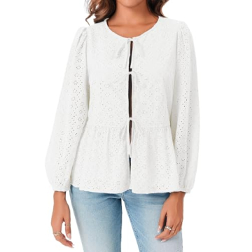 Tankaneo Women's Lace Eyelet Peplum Blouse White