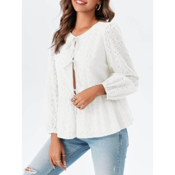 Tankaneo Women's Lace Eyelet Peplum Blouse White