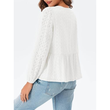 Tankaneo Women's Lace Eyelet Peplum Blouse White