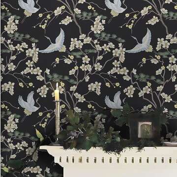 Micpolo Peel and Stick Wallpaper Black Floral Contact Paper Flowers and Birds Wall Paper Self Adhesive and Removable 16.1"x118"