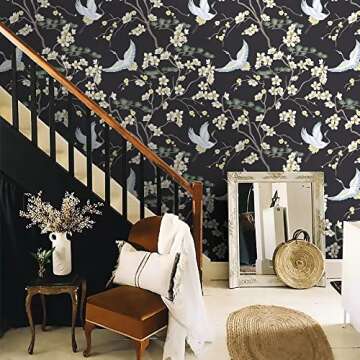 Micpolo Peel and Stick Wallpaper Black Floral Contact Paper Flowers and Birds Wall Paper Self Adhesive and Removable 16.1"x118"