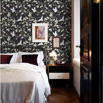 Micpolo Peel and Stick Wallpaper Black Floral Contact Paper Flowers and Birds Wall Paper Self Adhesive and Removable 16.1"x118"