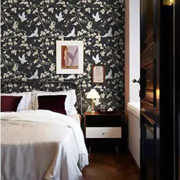 Micpolo Peel and Stick Wallpaper Black Floral Contact Paper Flowers and Birds Wall Paper Self Adhesive and Removable 16.1"x118"