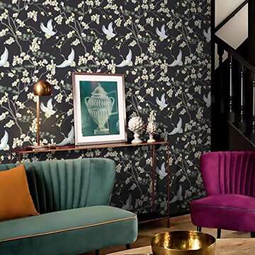 Micpolo Peel and Stick Wallpaper Black Floral Contact Paper Flowers and Birds Wall Paper Self Adhesive and Removable 16.1"x118"