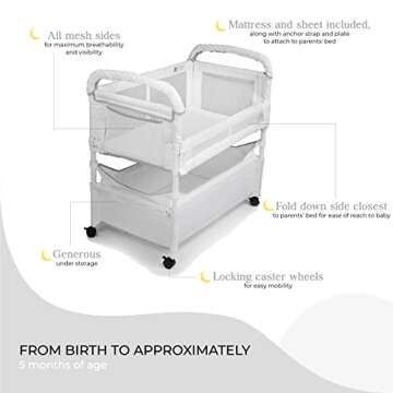 Arm’s Reach Clear-Vue Co-Sleeper Bedside Bassinet Featuring Clear Mesh Panels with Fold-Down Side, Large Attached Storage Basket, 4 Wheels, and Height-Adjustable Legs, White