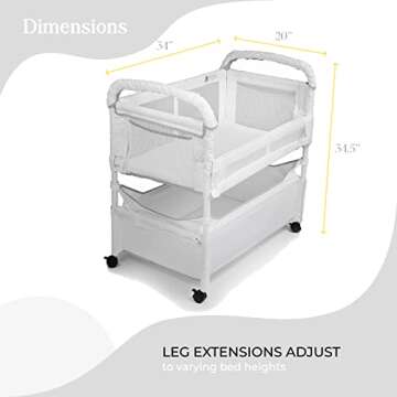 Arm’s Reach Clear-Vue Co-Sleeper Bedside Bassinet Featuring Clear Mesh Panels with Fold-Down Side, Large Attached Storage Basket, 4 Wheels, and Height-Adjustable Legs, White