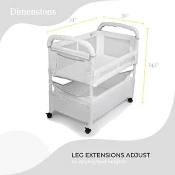 Arm’s Reach Clear-Vue Co-Sleeper Bedside Bassinet Featuring Clear Mesh Panels with Fold-Down Side, Large Attached Storage Basket, 4 Wheels, and Height-Adjustable Legs, White