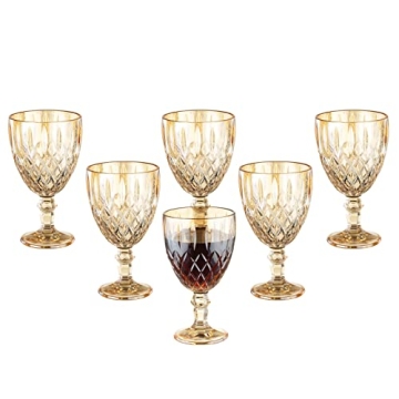 Vintage Wine Glasses Set of 6, 11 Ounces Colored Glass Water Goblets, Colorful Unique Embossed Patte...