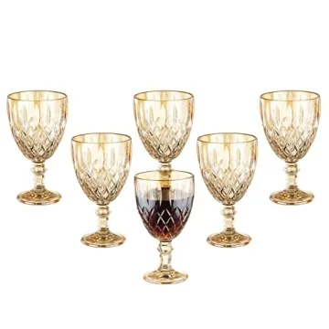 Vintage Wine Glasses Set of 6, 11 Ounces Colored Glass Water Goblets, Colorful Unique Embossed Patte...