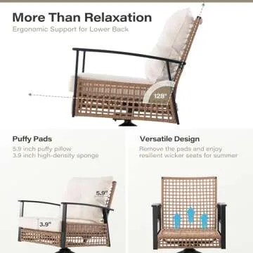 LAUSAINT HOME 3 Pieces Outdoor Swivel Rocker Patio Chairs, Wicker Patio Bistro Set with 2 Rocking Chairs and 1 Coffee Table, Patio Furniture Set with Thickened Cushions for Porch, Backyard (Beige)