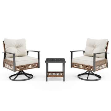 LAUSAINT HOME 3 Pieces Outdoor Swivel Rocker Patio Chairs, Wicker Patio Bistro Set with 2 Rocking Chairs and 1 Coffee Table, Patio Furniture Set with Thickened Cushions for Porch, Backyard (Beige)