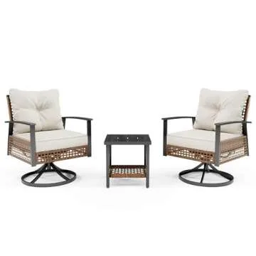 LAUSAINT HOME 3 Pieces Outdoor Swivel Rocker Patio Chairs, Wicker Patio Bistro Set with 2 Rocking Chairs and 1 Coffee Table, Patio Furniture Set with Thickened Cushions for Porch, Backyard (Beige)