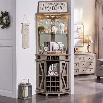 OKD Corner Bar Storage Cabinet, 72" Tall Farmhouse Wine Bar Cabinet w/Barn Door & Adjustable Shelf, Home Bar Cabinet w/LED Light & Glass Rack for Dining Room, Living Room, Kitchen, Light Rustic Oak
