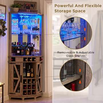 OKD Corner Bar Storage Cabinet, 72" Tall Farmhouse Wine Bar Cabinet w/Barn Door & Adjustable Shelf, Home Bar Cabinet w/LED Light & Glass Rack for Dining Room, Living Room, Kitchen, Light Rustic Oak