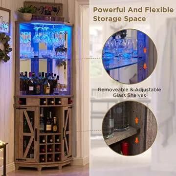 OKD Corner Bar Storage Cabinet, 72" Tall Farmhouse Wine Bar Cabinet w/Barn Door & Adjustable Shelf, Home Bar Cabinet w/LED Light & Glass Rack for Dining Room, Living Room, Kitchen, Light Rustic Oak