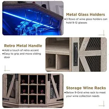 OKD Corner Bar Storage Cabinet, 72" Tall Farmhouse Wine Bar Cabinet w/Barn Door & Adjustable Shelf, Home Bar Cabinet w/LED Light & Glass Rack for Dining Room, Living Room, Kitchen, Light Rustic Oak
