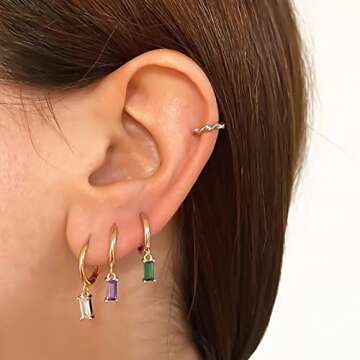 Small Gold Hoop Earrings With Cubic Zirconia Drop, Gold Huggie Hoop Earrings For Women 14K Gold Hoops Hypoallergenic Jewelry For Men 2PCS