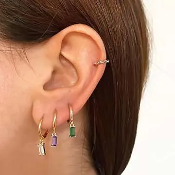 Small Gold Hoop Earrings with Cubic Zirconia Drop