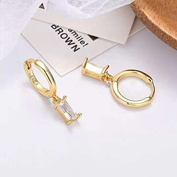 Small Gold Hoop Earrings With Cubic Zirconia Drop, Gold Huggie Hoop Earrings For Women 14K Gold Hoops Hypoallergenic Jewelry For Men 2PCS