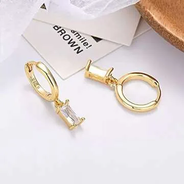 Small Gold Hoop Earrings with Cubic Zirconia Drop