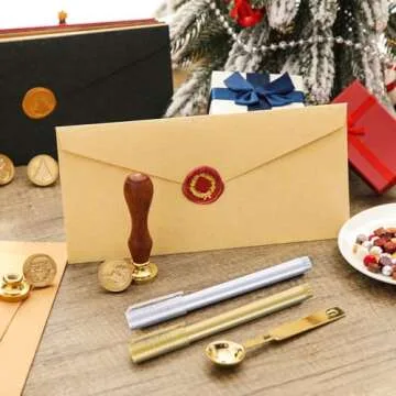Xuniea 12 Pieces Christmas Halloween Wax Seal Stamp Set Seal Wax Stamps with Wooden Handle, Melting Spoon, Metallic Pen for Vintage Wax Seal Stamp Decoration (Classic Style)