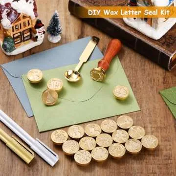 Xuniea 12 Pieces Christmas Halloween Wax Seal Stamp Set Seal Wax Stamps with Wooden Handle, Melting Spoon, Metallic Pen for Vintage Wax Seal Stamp Decoration (Classic Style)