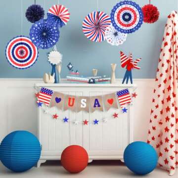 4th of July Decorations Independence Day Patriotic Decor Set - Red White Blue Paper USA Banner Flag ...