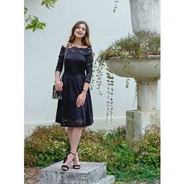 MISSMAY Women's Vintage Floral Lace Long Sleeve Boat Neck Cocktail Party Swing Dress