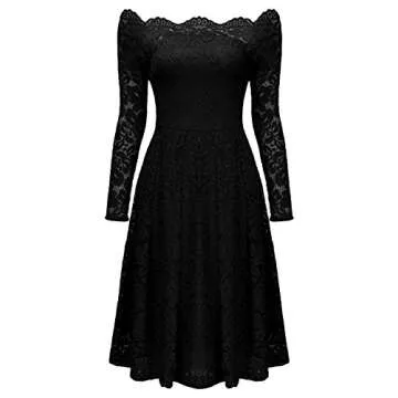MISSMAY Women's Vintage Floral Lace Long Sleeve Boat Neck Cocktail Party Swing Dress