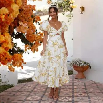 Women Summer Dresses V-Neck Floral Long Dress Casual Puff Sleeve Square Neck Floral Formal Dress(M, ...