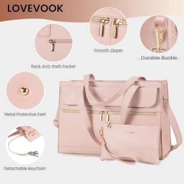 LOVEVOOK Laptop Bag for Women 15.6 Inch Laptop Tote Work Bag Professional Leather Computer Briefcase Waterproof Handbag Shoulder Bag Large Capacity Business Teacher Office Bag Crossbody Purse,Pink