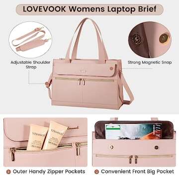 LOVEVOOK Laptop Bag for Women 15.6 Inch Laptop Tote Work Bag Professional Leather Computer Briefcase Waterproof Handbag Shoulder Bag Large Capacity Business Teacher Office Bag Crossbody Purse,Pink