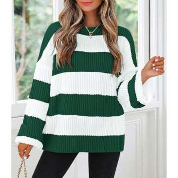 ZESICA Women's 2024 Fall Long Sleeve Crew Neck Striped Color Block Comfy Loose Oversized Knitted Pullover Sweater,ForestGreen,Large