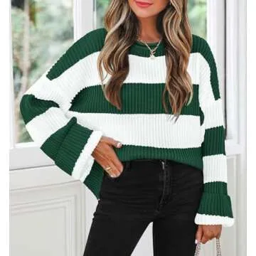 ZESICA Women's 2024 Fall Long Sleeve Crew Neck Striped Color Block Comfy Loose Oversized Knitted Pullover Sweater,ForestGreen,Large
