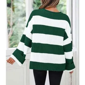 ZESICA Women's 2024 Fall Long Sleeve Crew Neck Striped Color Block Comfy Loose Oversized Knitted Pullover Sweater,ForestGreen,Large