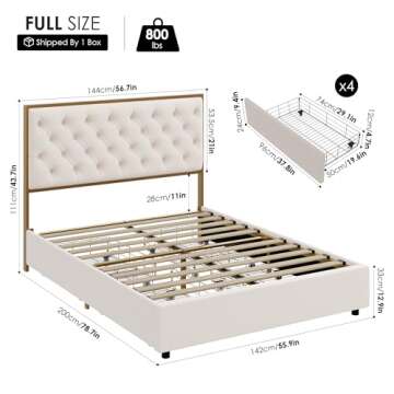 HIFIT Full Upholstered Bed Frame with 4 Storage Drawers and Handmade Button Tufted Headboard, Modern Velvet Full Size Platform Storage Bed with Solid Wooden Slat, No Box Spring Needed, Golden & Beige