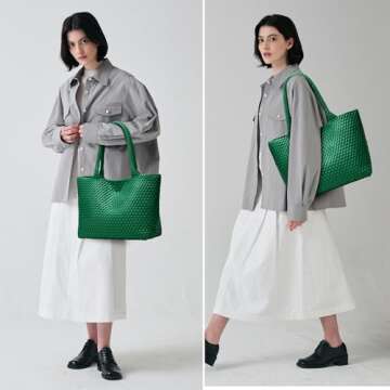 Woven Tote Bags for Women: Large Travel Beach Purse - Vegan Leather Shoulder Handbags - Handwoven Summer Bags for Holidays (Forest Green Color)