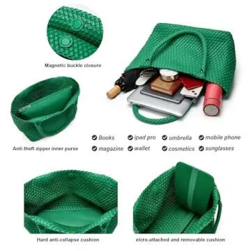 Woven Tote Bags for Women: Large Travel Beach Purse - Vegan Leather Shoulder Handbags - Handwoven Summer Bags for Holidays (Forest Green Color)