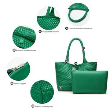 Woven Tote Bags for Women: Large Travel Beach Purse - Vegan Leather Shoulder Handbags - Handwoven Summer Bags for Holidays (Forest Green Color)