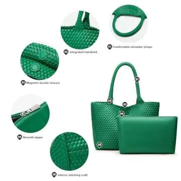 Woven Tote Bags for Women: Large Travel Beach Purse - Vegan Leather Shoulder Handbags - Handwoven Summer Bags for Holidays (Forest Green Color)