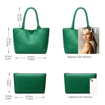 Woven Tote Bags for Women: Large Travel Beach Purse - Vegan Leather Shoulder Handbags - Handwoven Summer Bags for Holidays (Forest Green Color)