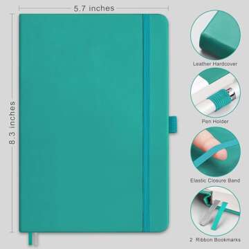 RETTACY Bullet Dotted Journal, 2-Pack, A5 Dotted Notebook Journal with 160 Numbered Pages per Pack, 5.7'' × 8.3'', Medium Size, 120 GSM Thick Paper, Leather Hardcover (Black & Cyan)