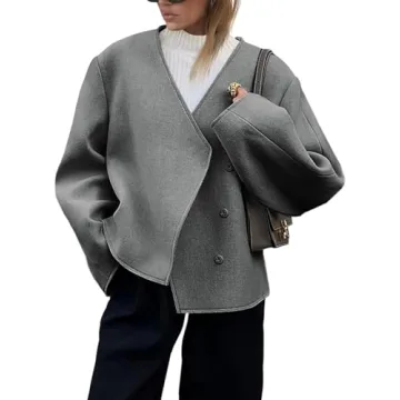 Cicy Bell Womens Cropped Wool Jackets Fall V Neck Short Pea Coats Single Breasted Outerwear Winter O...