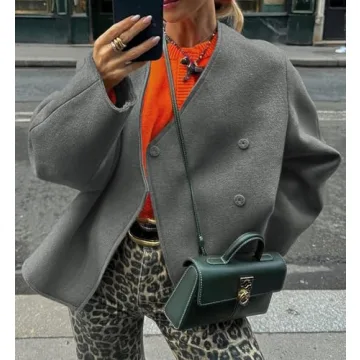 Cicy Bell Womens Cropped Wool Jacket - Chic V Neck Pea Coat