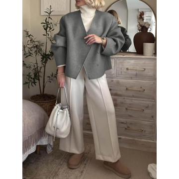 Cicy Bell Womens Cropped Wool Jacket - Chic V Neck Pea Coat