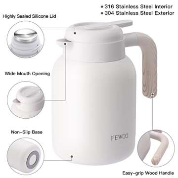 50oz Thermal Coffee Carafe, Double Wall Insulated Vacuum Flask, Stainless Steel Coffee Thermos Water Beverage Dispenser, 1.5Liter Thermal Pot for Keeping Hot Coffee,Tea and Water (White)