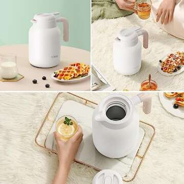 50oz Thermal Coffee Carafe, Double Wall Insulated Vacuum Flask, Stainless Steel Coffee Thermos Water Beverage Dispenser, 1.5Liter Thermal Pot for Keeping Hot Coffee,Tea and Water (White)