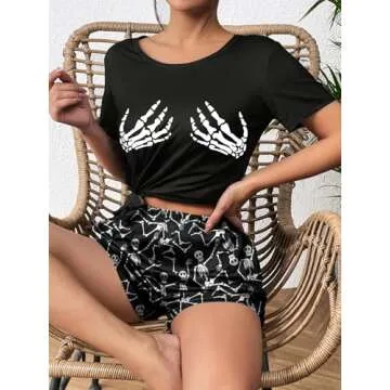 Ekouaer Women Pajama Set Short Sleeve Comfy Pjs Sets 2 Piece Lounge Set with Pockets Halloween Skeleton Print Small